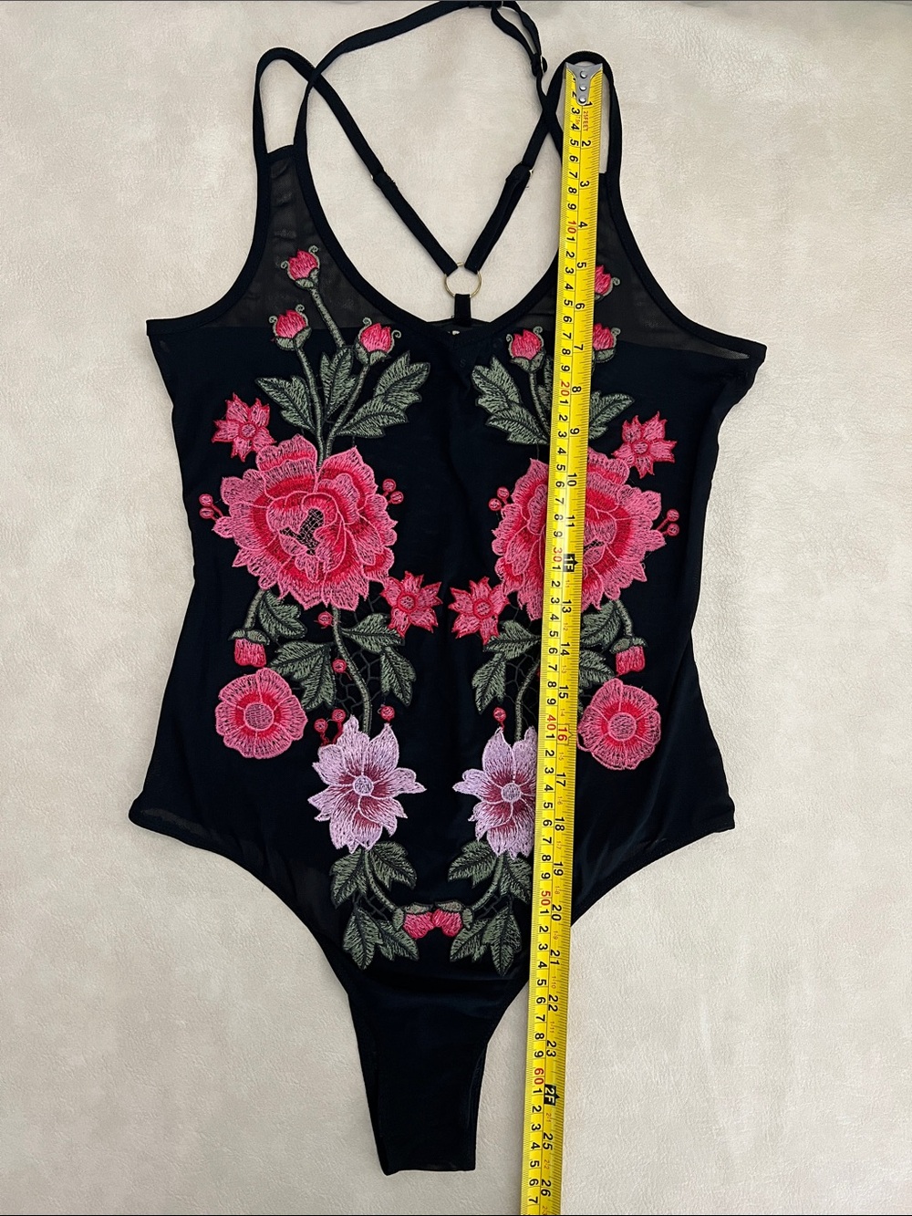 TOP CHIC Black Mesh Floral Embroidered Bodysuit with Pink Roses - Picture 13 of 13